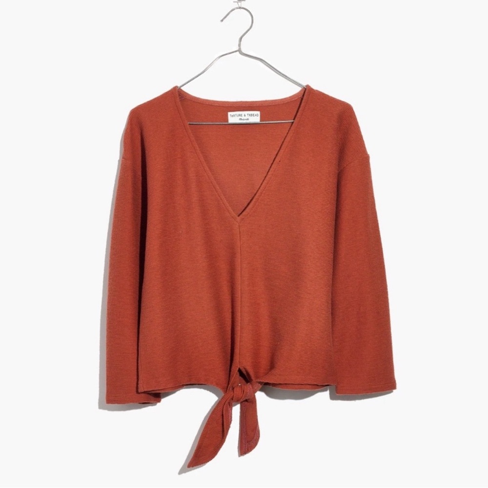 Madewell Tie-Front Long Sleeve Top Rust V-Neck